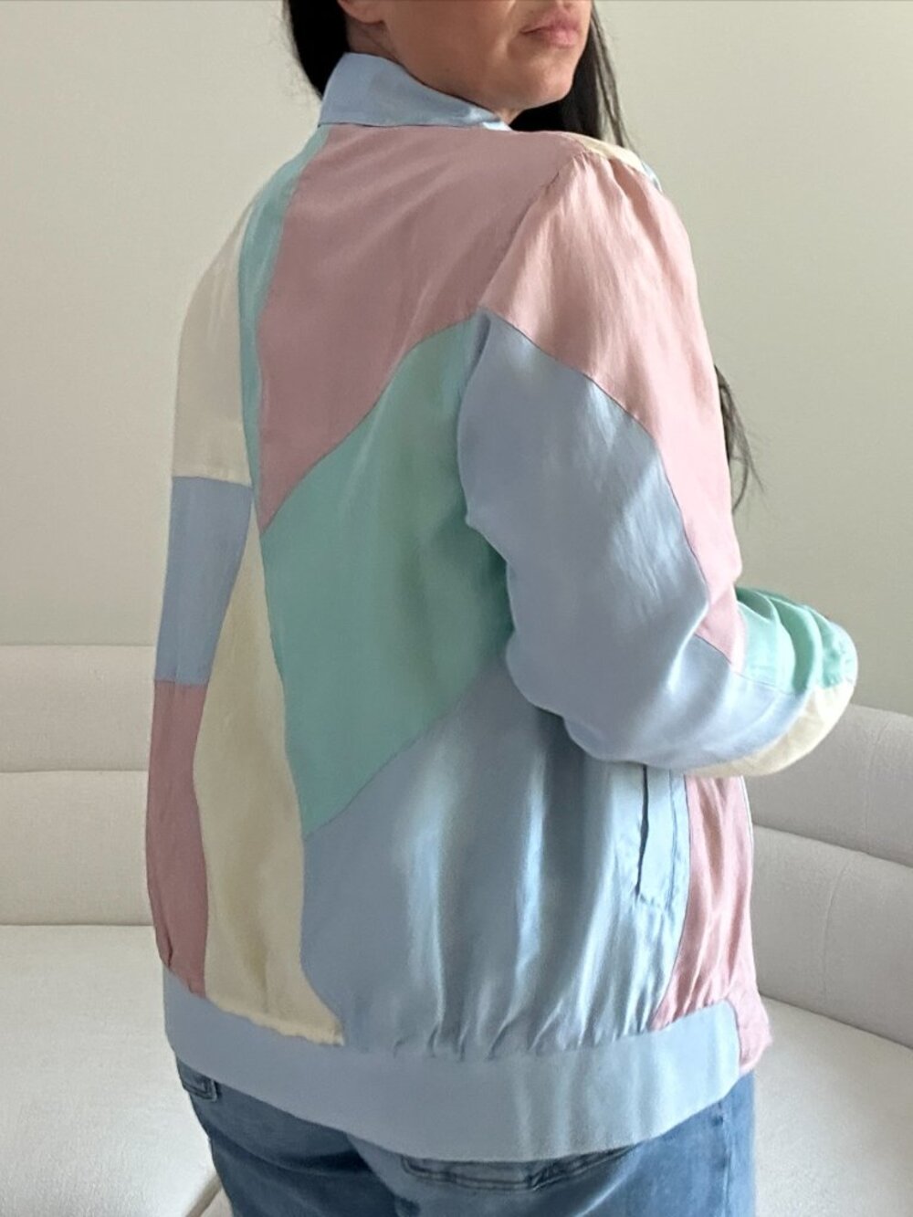 Vintage 80s Blair 100% Silk Pastel Color Block Bomber Jacket Oversized Small - Picture 12 of 14